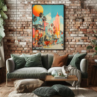 Retro-Modern Urban Scene: Coastal City Artistic Poster