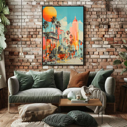 Retro-Modern Urban Scene: Coastal City Artistic Poster