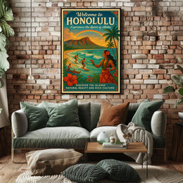 Honolulu Vintage Travel Poster Surf, Sun, Aloha Vibes
