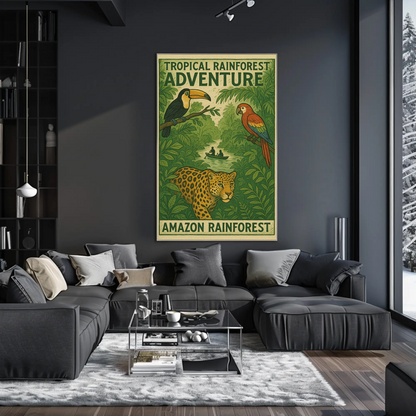 Amazon Rainforest Jaguar Parrots River Poster Poster