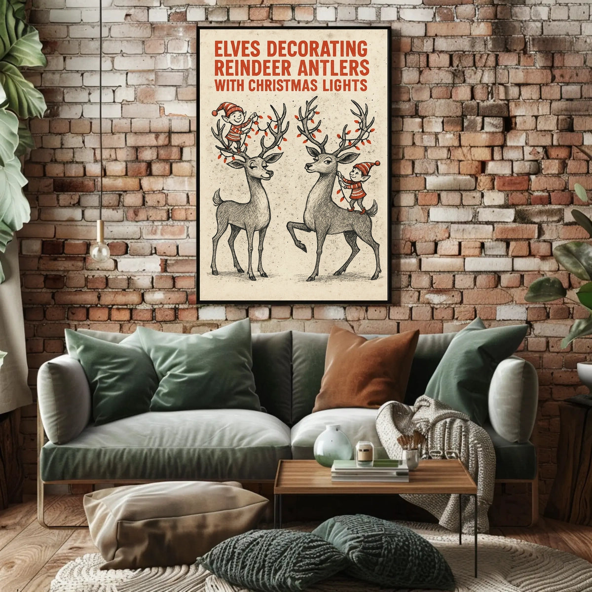 Elves Decorating Reindeer Antlers Poster