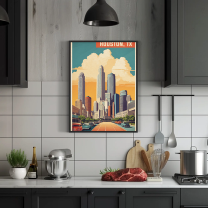 Houston Texas Skyline Classic Cars Sunset Vintage Travel Poster
