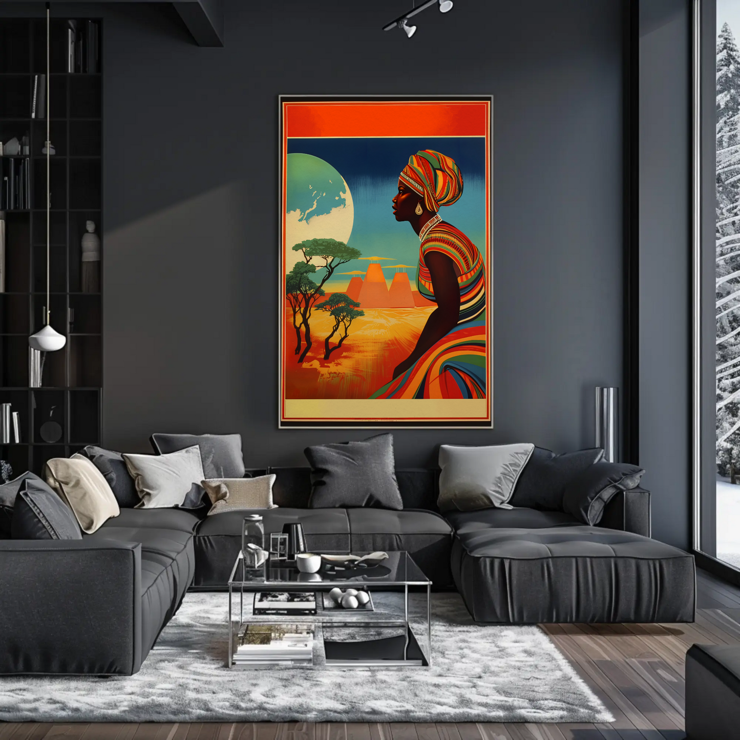 African Woman Desert Moon Landscape Travel Poster