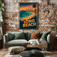 Long Beach Sunset Retro Travel Poster