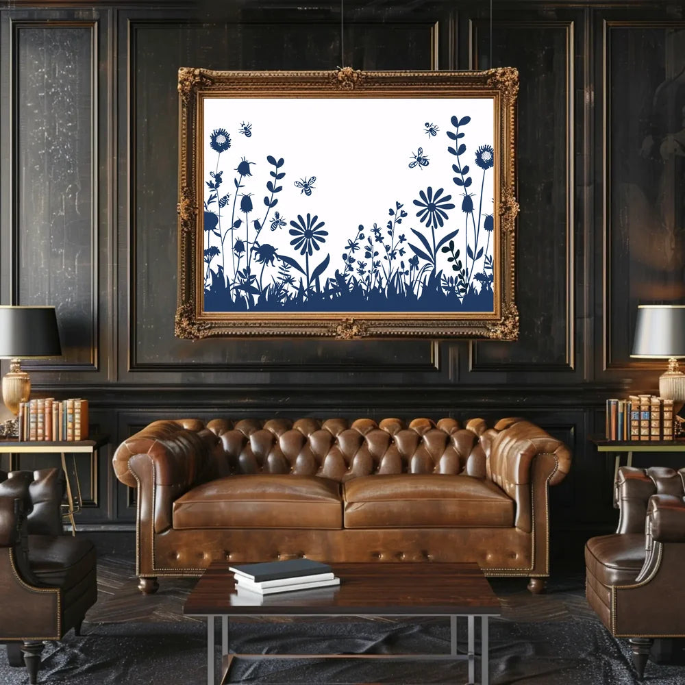 Garden Harmony: Blue Silhouette Bee and Flower Poster