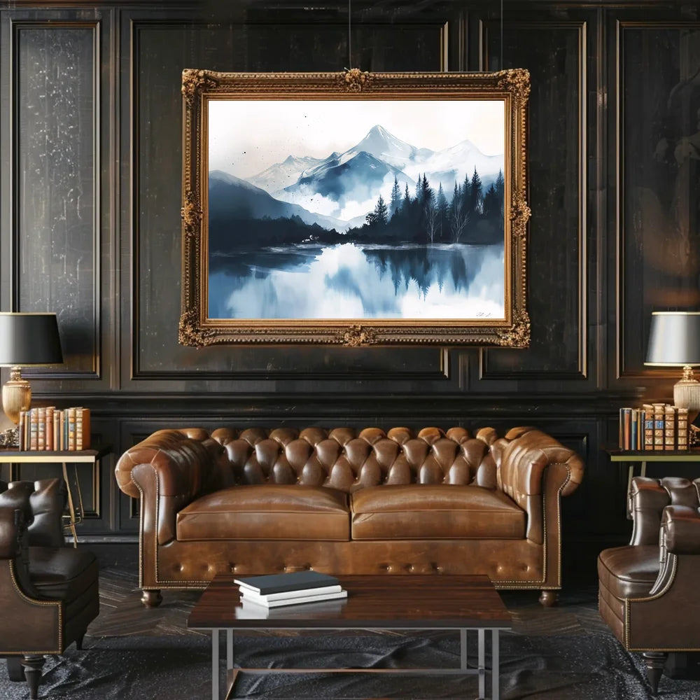 Serene Snowy Mountain Watercolor Landscape Poster