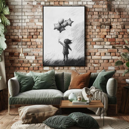 Monochrome Sketch Child Releasing Star Balloons Poster