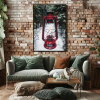 Red Lantern in Snowy Forest Adventure Travel Poster