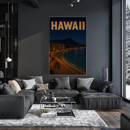 Hawaii Coastline At Night With Hotels Travel Poster