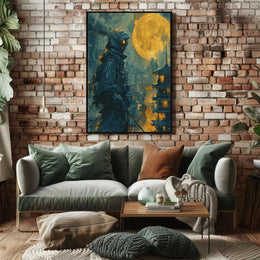 Futuristic Samurai Under A Full Moon Poster PosterGoat