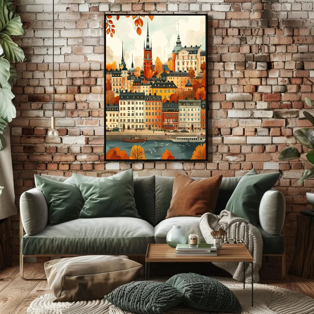 European Cityscape Poster: Stockholm Autumn Waterfront Scene
