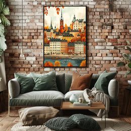 European Cityscape Poster: Stockholm Autumn Waterfront Scene