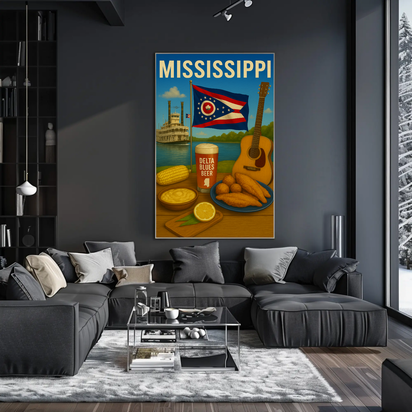 Mississippi River Guitar Beer Catfish Corn Flag Travel Poster