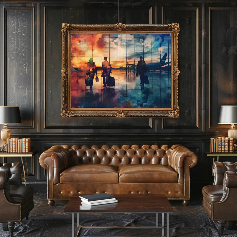 Airport Sunset Travelers: Abstract Watercolor Art Poster