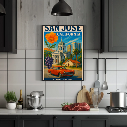 San Jose California Church Grapes Car Vintage Travel Poster