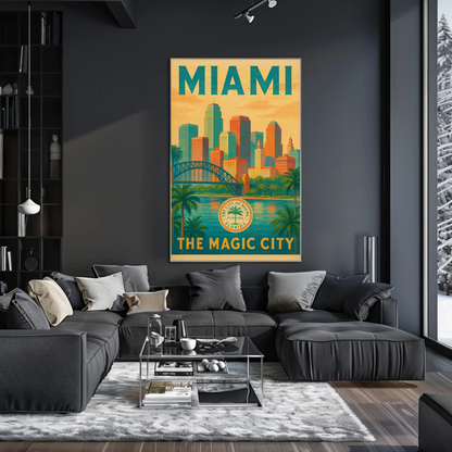 Miami Magic City Vintage Skyline Travel Poster