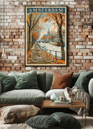Amsterdam Autumn Canal Vintage Travel Art Poster