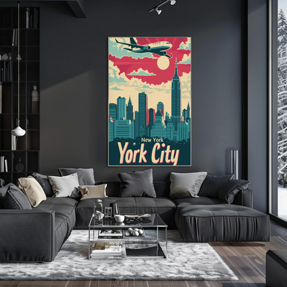 New York City Airplane Skyline Red Sky Travel Poster