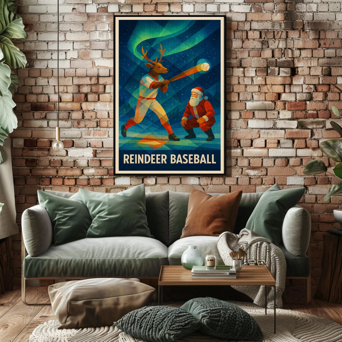 Reindeer Baseball Scene Under Northern Lights - Fantasy or Mythology Poster