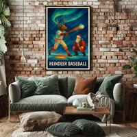 Reindeer Baseball Scene Under Northern Lights - Fantasy or Mythology Poster
