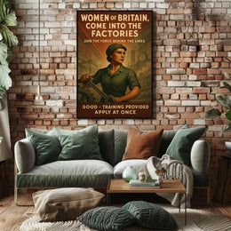 British Women Factory Work Wartime Propaganda Vintage Poster