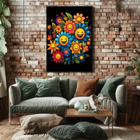 Joyful Floral Faces: Whimsical Art Poster Print