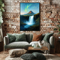 Majestic Northern Lights Over Waterfall Poster