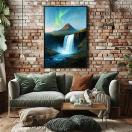 Majestic Northern Lights Over Waterfall Poster