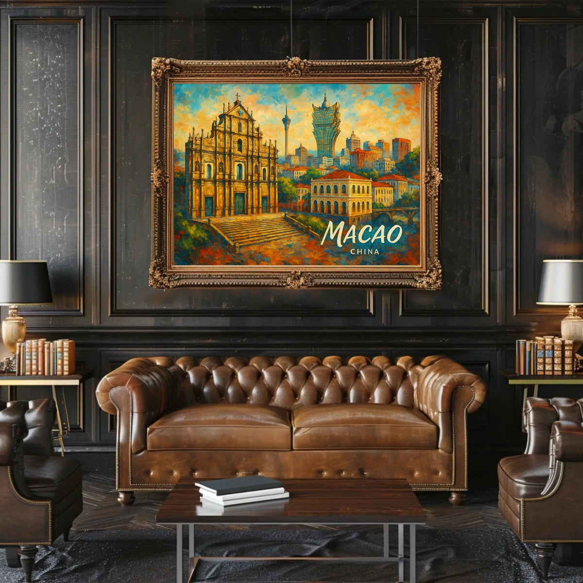 Macao Cityscape Vibrant Night View Digital Painting Poster