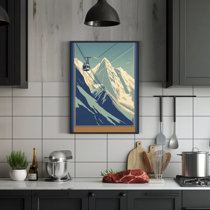 Retro Tram Over Snowy Mountainside Vintage Travel Poster