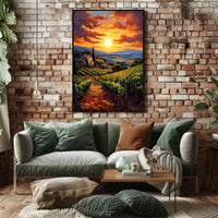 Picturesque Vineyard Landscape With Impressionistic Sunset Artistic Poster