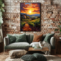 Picturesque Vineyard Landscape With Impressionistic Sunset Artistic Poster