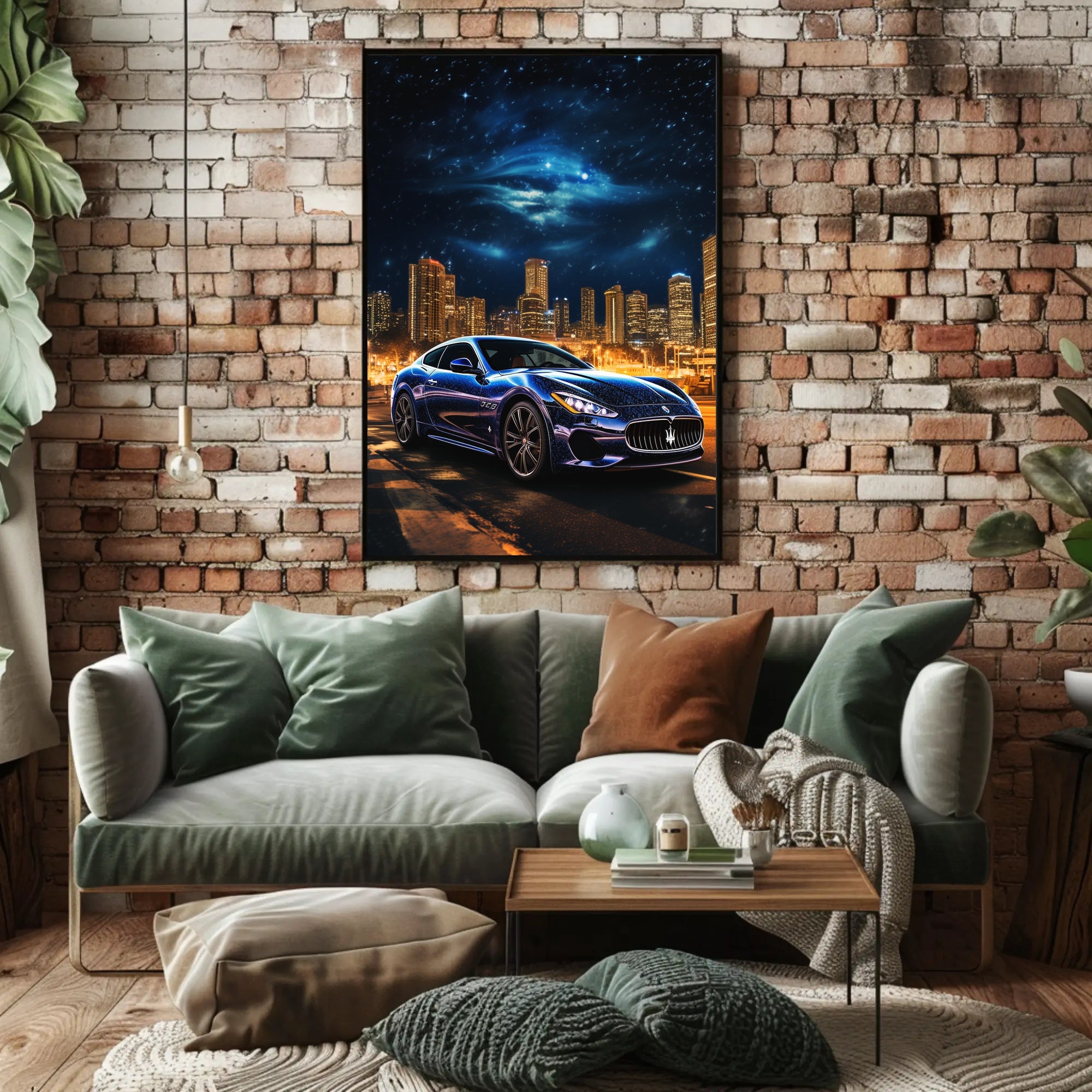 Luxury Maserati in Urban Skyline Futuristic Sci-Fi Poster