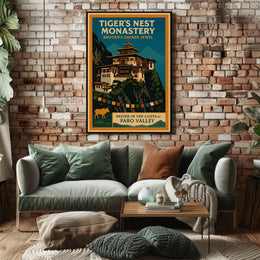 Tigers Nest Monastery Poster Vintage Travel Print