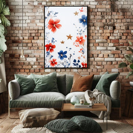 Three Stars With Loose Red And Blue Florals Artwork Poster