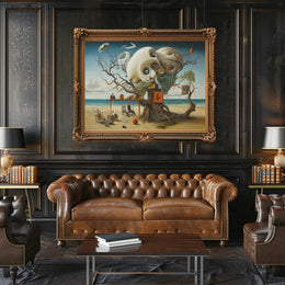 This surreal poster depicts a fantastical scene on a beach setting. Dominating the Travel Poster