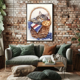 Adorable Fluffy Tabby Cat Sleeping In Basket Poster