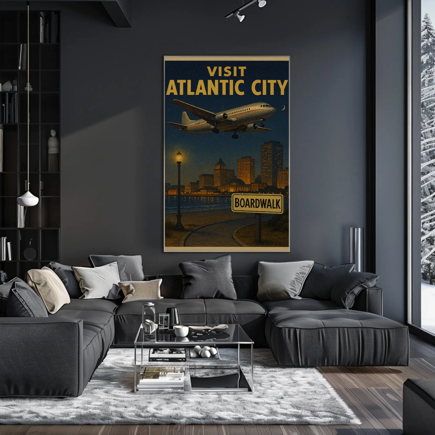Visit Atlantic City Boardwalk Night Plane Arrival Travel Poster