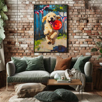 Golden Retriever Puppy Running With Red Frisbee Poster