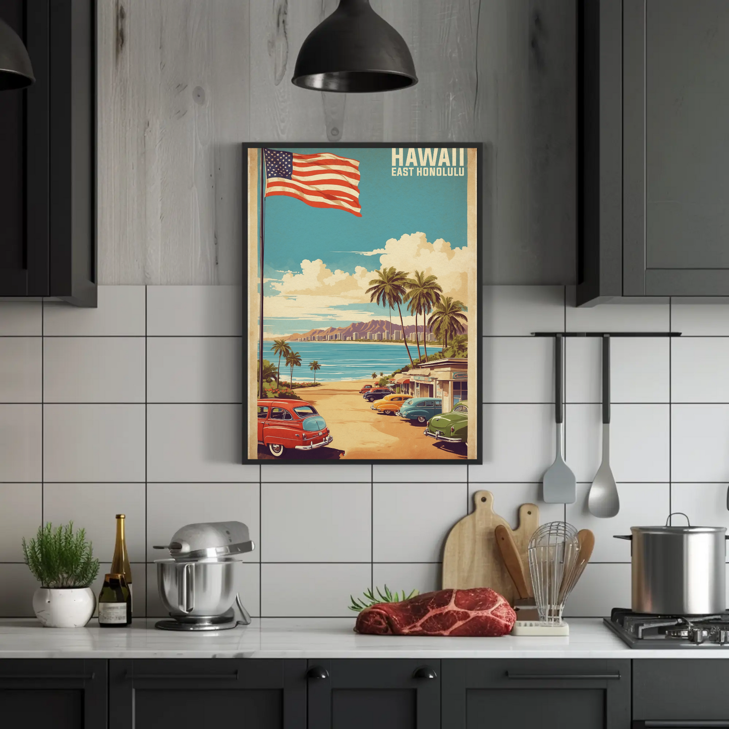 East Honolulu Hawaii Retro Beachside Vintage Travel Poster