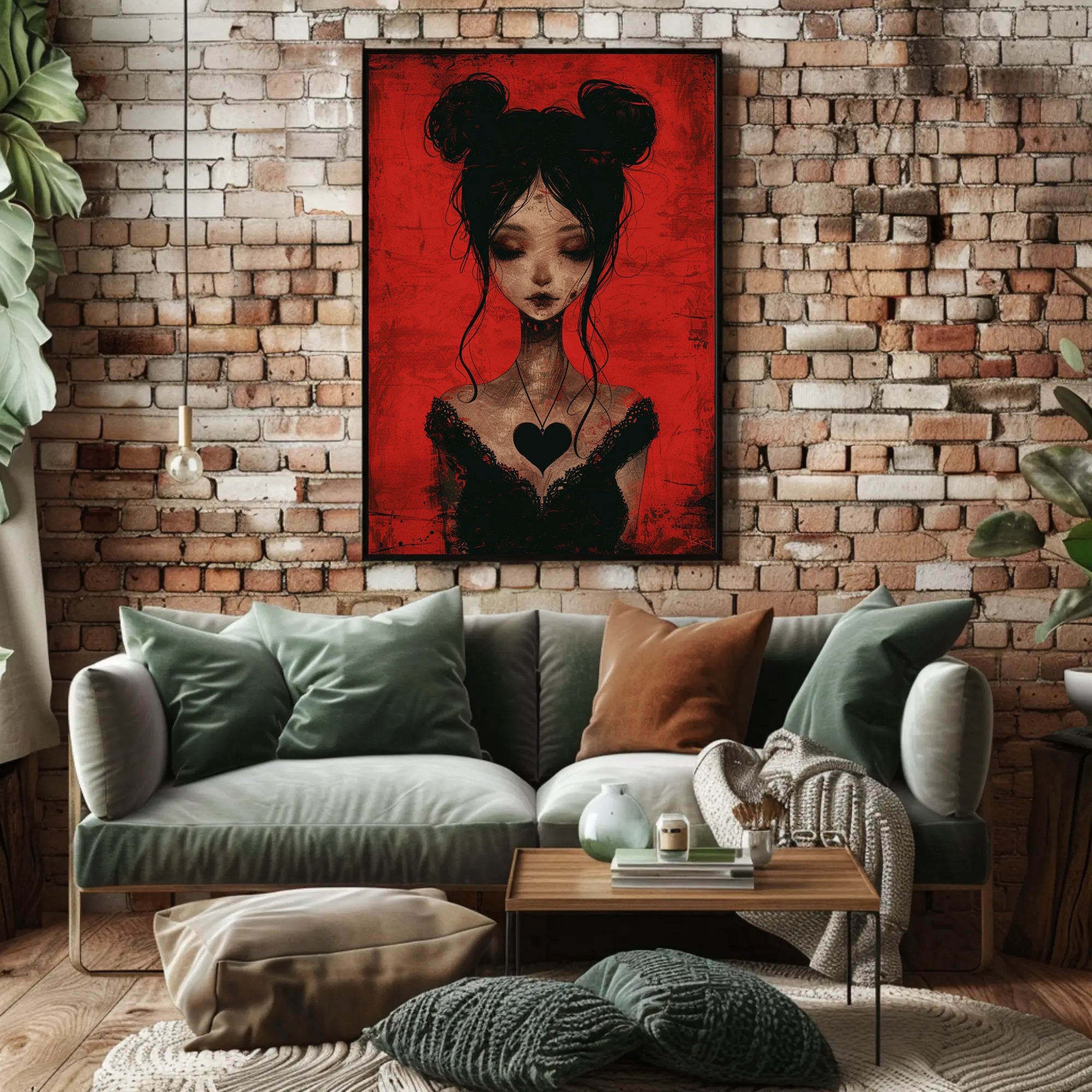 Gothic Red Background Somber Female Character Poster PosterGoat