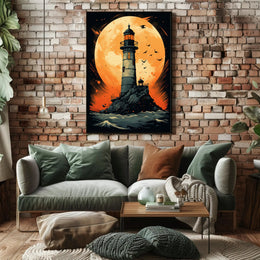 Lighthouse Under The Moon Poster PosterGoat