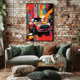 Vibrant Abstract Art Poster with Mini Cooper Illustration