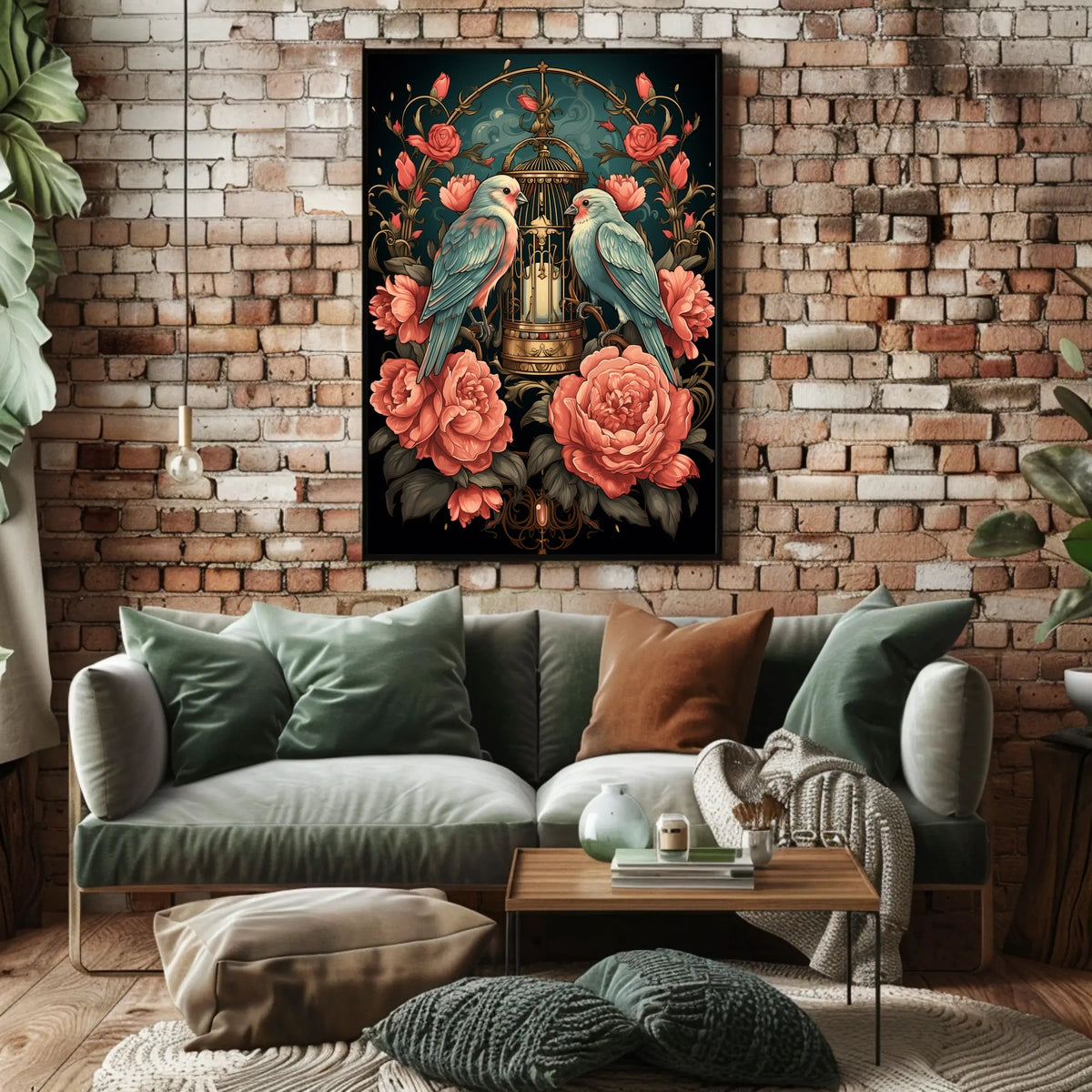 Vintage Birds and Roses Art Nouveau Poster