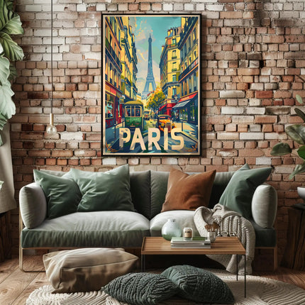 Vintage Parisian Street with Eiffel Tower Travel Poster