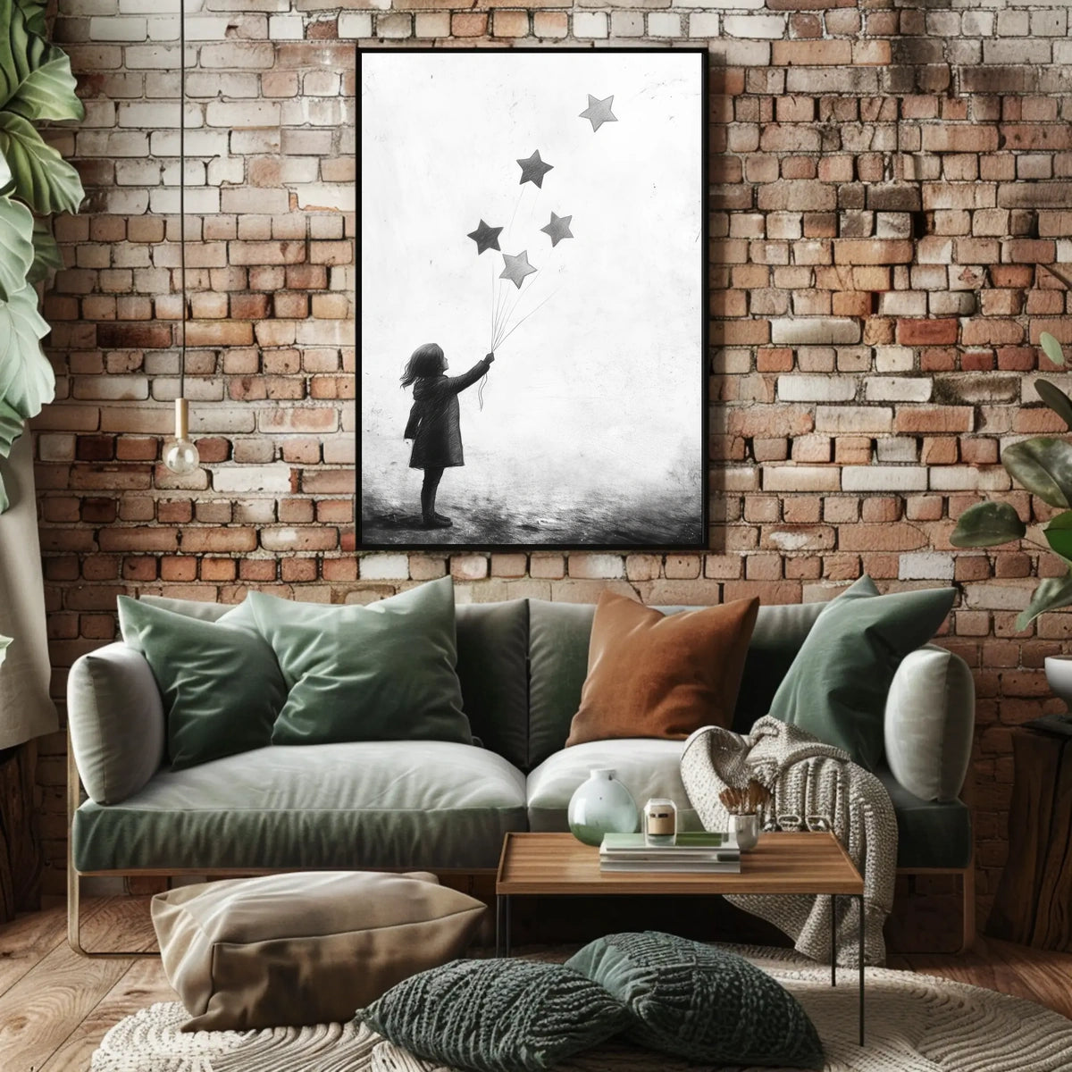 Child Releasing Star Balloons Silhouetted Artwork Poster