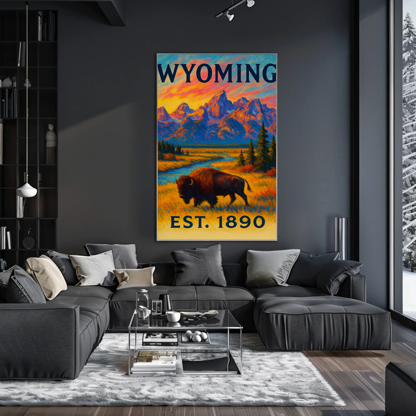 Wyoming Bison Mountains Sunset Vibrant Scenic Travel Poster