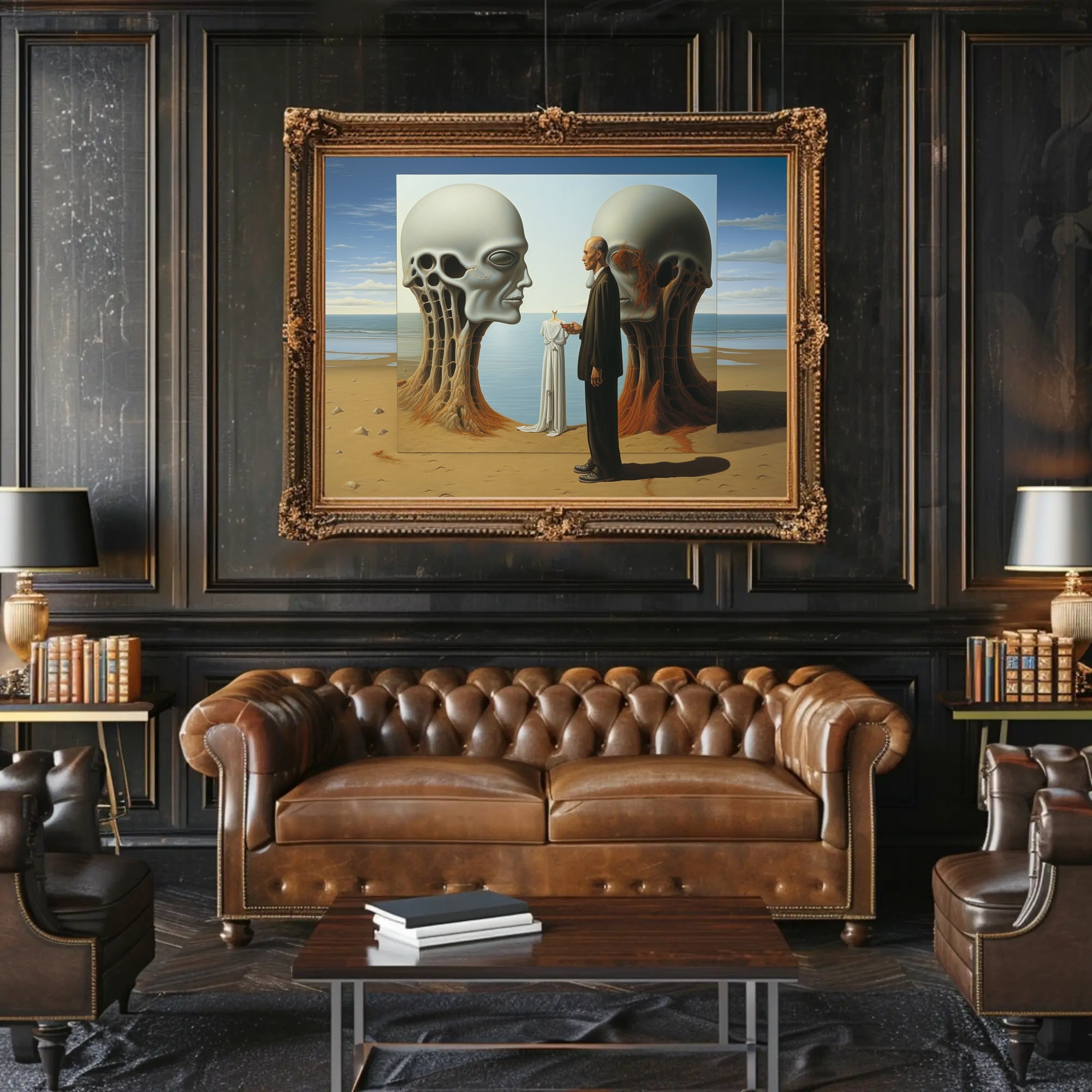 Surreal Beach Scene with Skeletal Structures Artistic Poster