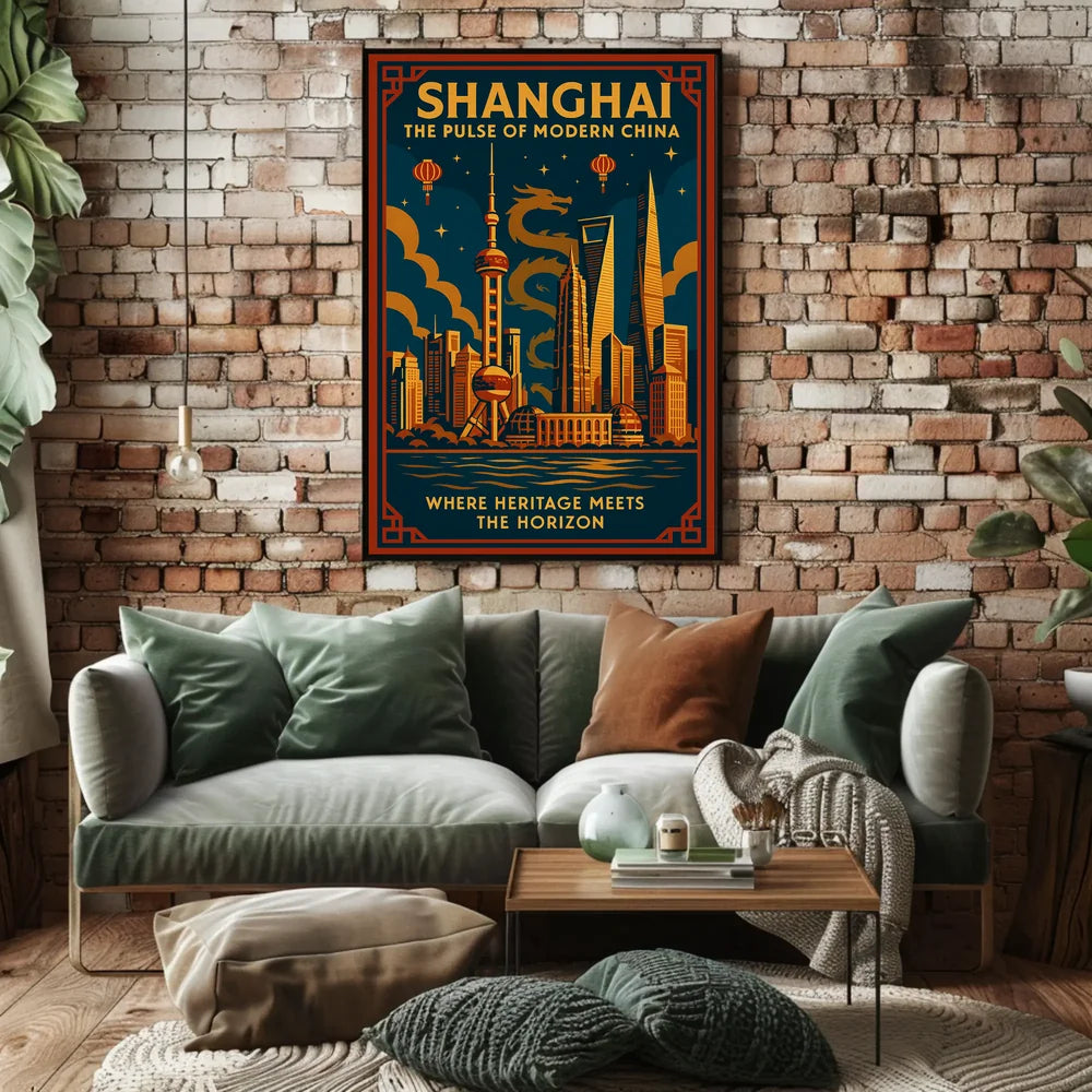 Vibrant Shanghai Cityscape with Dragon Mythology Urban Poster PosterGoat