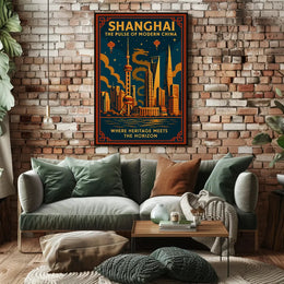 Vibrant Shanghai Cityscape with Dragon Mythology Urban Poster PosterGoat